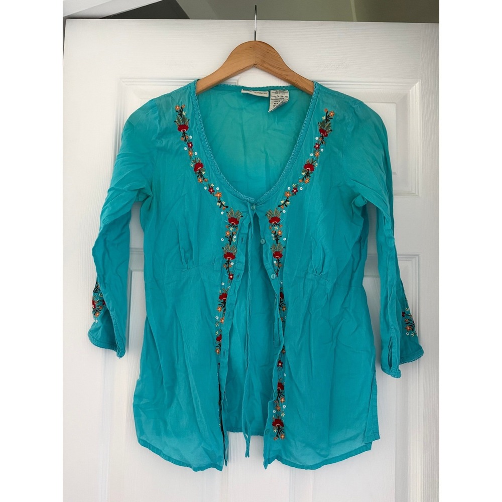 Womens Long Sleeve Blue Tie V Neck Sheer Blouse Boho Floral 90s Granola Girl